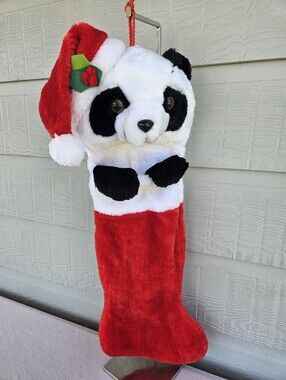 VTG Smithy Panda Bear Christmas Stocking Hanging Red White Black Plush 23"